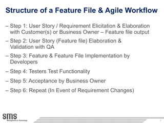 Structure of a Feature File & Agile Workflow Step 1: User Story / Requirement  Elicitation & Elaboration   with Customer(s) or Business Owner – Feature file output Step 2: User Story (Feature file) Elaboration &  Validation with QA Step 3: Feature & Feature File Implementation by  Developers Step 4: Testers Test Functionality Step 5: Acceptance by Business Owner Step 6: Repeat (In Event of Requirement Changes) 