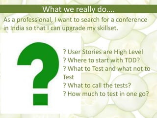 What we really do….
As a professional, I want to search for a conference
in India so that I can upgrade my skillset.
? User Stories are High Level
? Where to start with TDD?
? What to Test and what not to
Test
? What to call the tests?
? How much to test in one go?
 