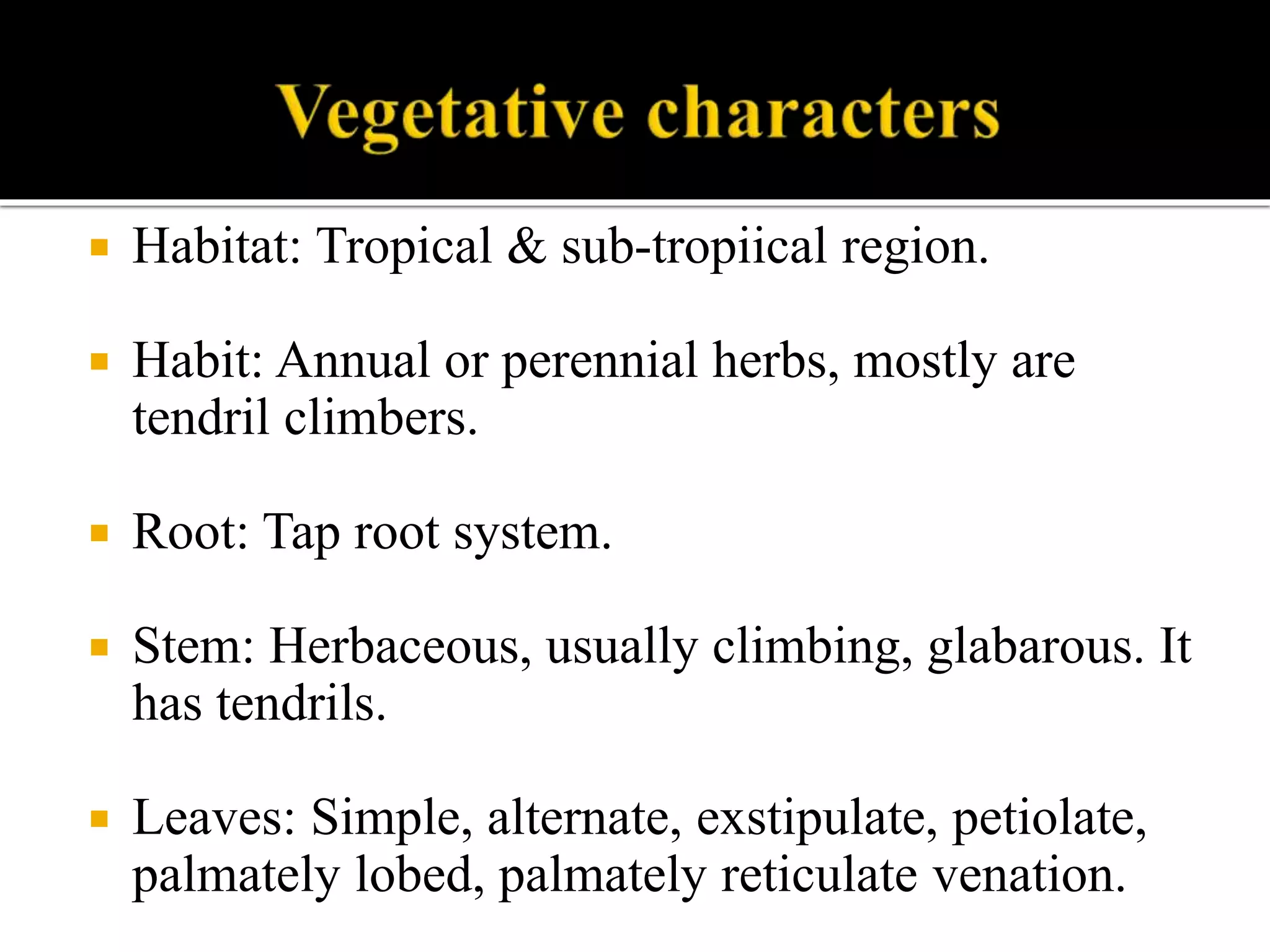  Habitat: Tropical & sub-tropiical region.
 Habit: Annual or perennial herbs, mostly are
tendril climbers.
 Root: Tap root system.
 Stem: Herbaceous, usually climbing, glabarous. It
has tendrils.
 Leaves: Simple, alternate, exstipulate, petiolate,
palmately lobed, palmately reticulate venation.
 