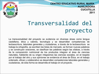 Transversalidad del proyecto CENTRO EDUCATIVO RURAL MARÍA  AUXILIADORA CUCUTILLA 2011 La transversalidad del proyecto se evidencia en diversas áreas como lengua castellana, ética y valores, tecnología y se desarrollan competencias de lectoescritura, laborales generales y ciudadanas, a través de la lectoescritura  se trabaja la ortografía, se escriben las listas de mercado, se forman nuevas palabras y se construyen oraciones, se clasifican las palabras según las sílabas, a través de la composición nutricional de los productos integran el área de ciencias naturales, hablando de su origen integramos las ciencias sociales, en el respeto por el trabajo del otro y sus opiniones se evidencia el área de Ética, en el trabajo ordenado, eficaz y colaborativo se desarrollan competencias laborales generales y ciudadanas, de esta forma se desarrolla el trabajo en el proyecto.  