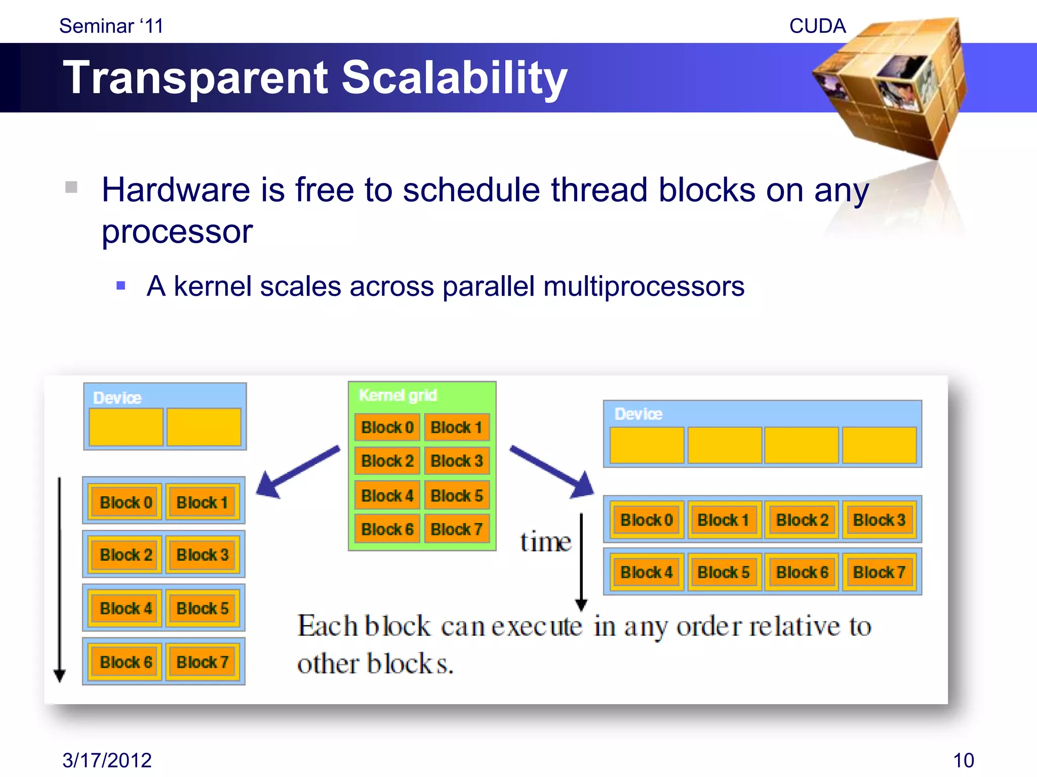 Seminar „11                                              CUDA

Transparent Scalability

 Hardware is free to schedule thread blocks on any
    processor
      A kernel scales across parallel multiprocessors




3/17/2012                                                       10
 