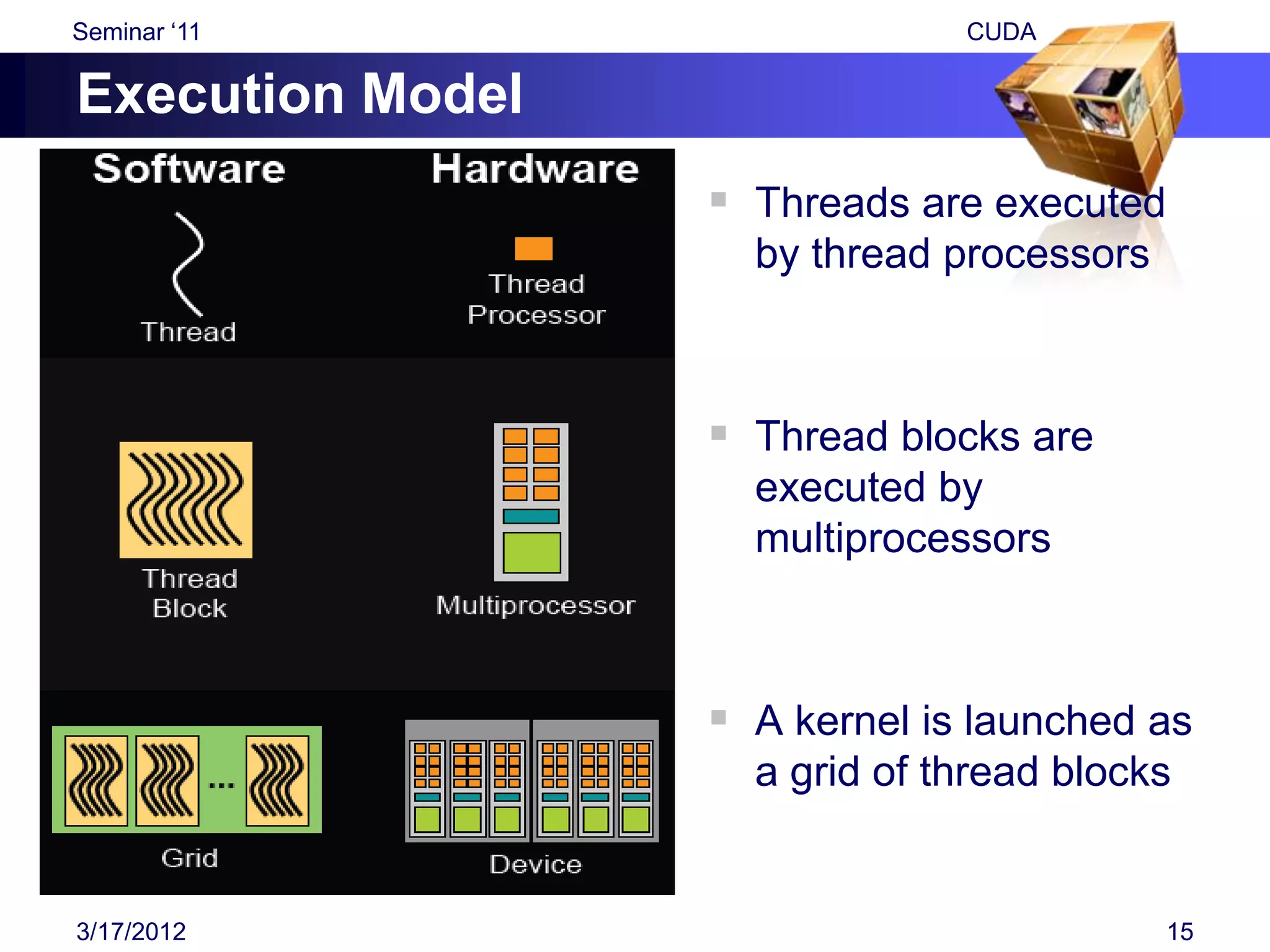 Seminar „11                    CUDA

Execution Model
                   Threads are executed
                    by thread processors



                   Thread blocks are
                    executed by
                    multiprocessors



                   A kernel is launched as
                    a grid of thread blocks


3/17/2012                                  15
 
