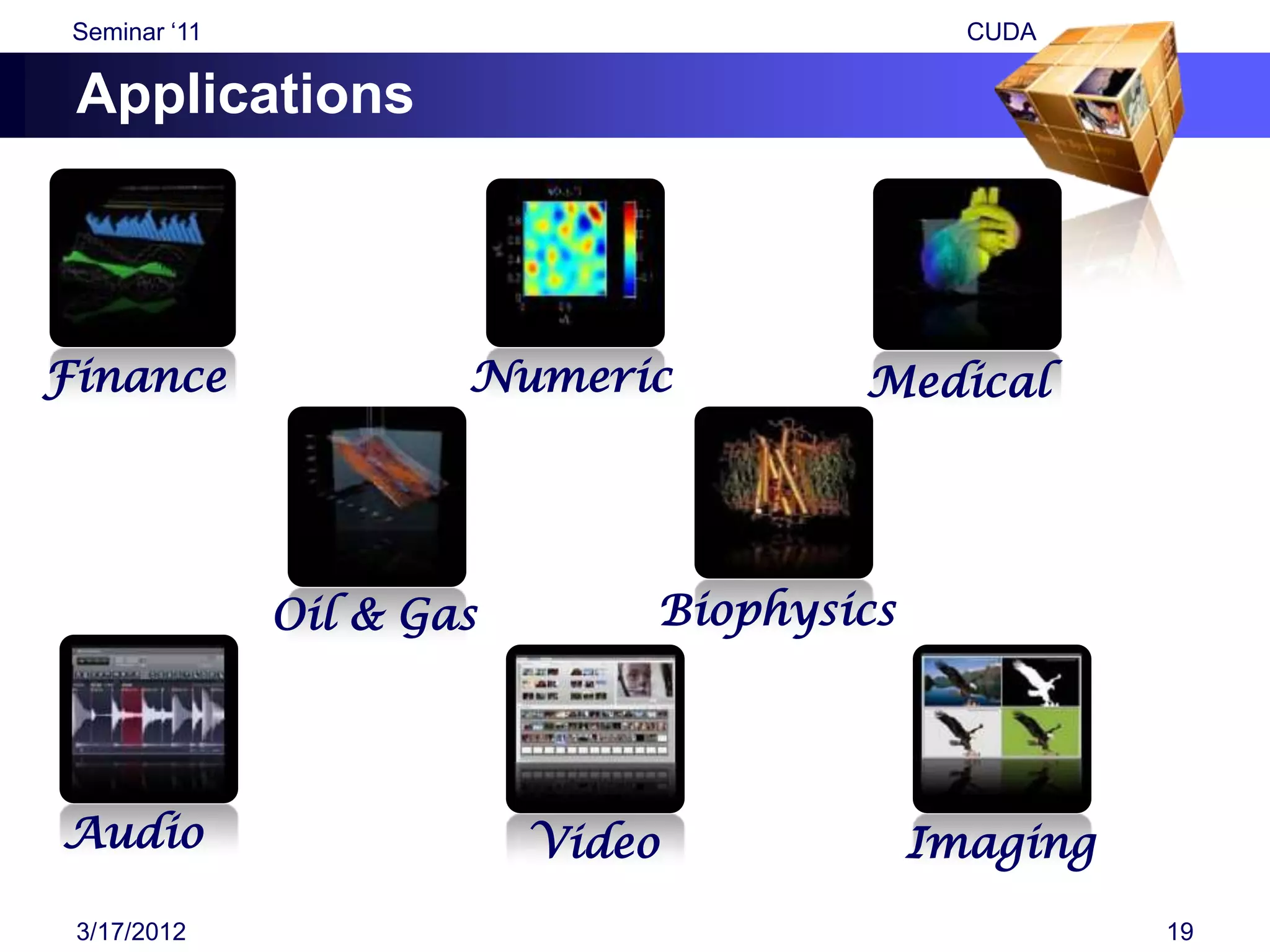 Seminar „11                                  CUDA

 Applications



Finance                Numeric         Medical




               Oil & Gas       Biophysics




Audio                      Video            Imaging
 3/17/2012                                            19
 