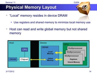 Seminar „11                                           CUDA

Physical Memory Layout
 “Local” memory resides in device DRAM
      Use registers and shared memory to minimize local memory use

 Host can read and write global memory but not shared
    memory




3/17/2012                                                        14
 