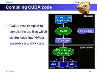 Seminar „11                       CUDA

Compiling CUDA code



 CUDA nvcc compiler to
    compile the .cu files which
    divides code into NVidia
    assembly and C++ code.




3/17/2012                                17
 