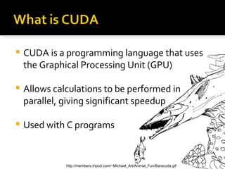 <ul><li>CUDA is a programming language that uses the Graphical Processing Unit (GPU) </li></ul><ul><li>Allows calculations...