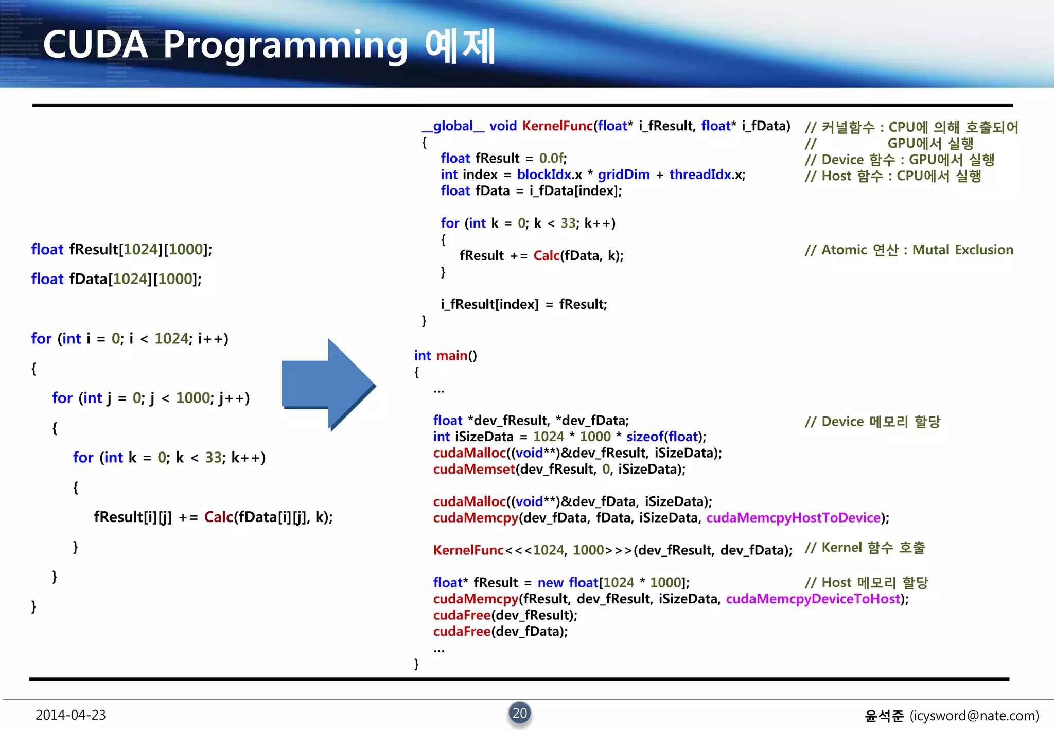 2014-04-23 20 윤석준 (icysword@nate.com)
CUDA Programming 예제
float fResult[1024][1000];
float fData[1024][1000];
for (int i = 0; i < 1024; i++)
{
for (int j = 0; j < 1000; j++)
{
for (int k = 0; k < 33; k++)
{
fResult[i][j] += Calc(fData[i][j], k);
}
}
}
int main()
{
…
float *dev_fResult, *dev_fData;
int iSizeData = 1024 * 1000 * sizeof(float);
cudaMalloc((void**)&dev_fResult, iSizeData);
cudaMemset(dev_fResult, 0, iSizeData);
cudaMalloc((void**)&dev_fData, iSizeData);
cudaMemcpy(dev_fData, fData, iSizeData, cudaMemcpyHostToDevice);
KernelFunc<<<1024, 1000>>>(dev_fResult, dev_fData);
float* fResult = new float[1024 * 1000];
cudaMemcpy(fResult, dev_fResult, iSizeData, cudaMemcpyDeviceToHost);
cudaFree(dev_fResult);
cudaFree(dev_fData);
…
}
// 커널함수 : CPU에 의해 호출되어
// GPU에서 실행
// Device 함수 : GPU에서 실행
// Host 함수 : CPU에서 실행
// Atomic 연산 : Mutal Exclusion
// Device 메모리 할당
// Kernel 함수 호출
// Host 메모리 할당
__global__ void KernelFunc(float* i_fResult, float* i_fData)
{
float fResult = 0.0f;
int index = blockIdx.x * gridDim + threadIdx.x;
float fData = i_fData[index];
for (int k = 0; k < 33; k++)
{
fResult += Calc(fData, k);
}
i_fResult[index] = fResult;
}
 