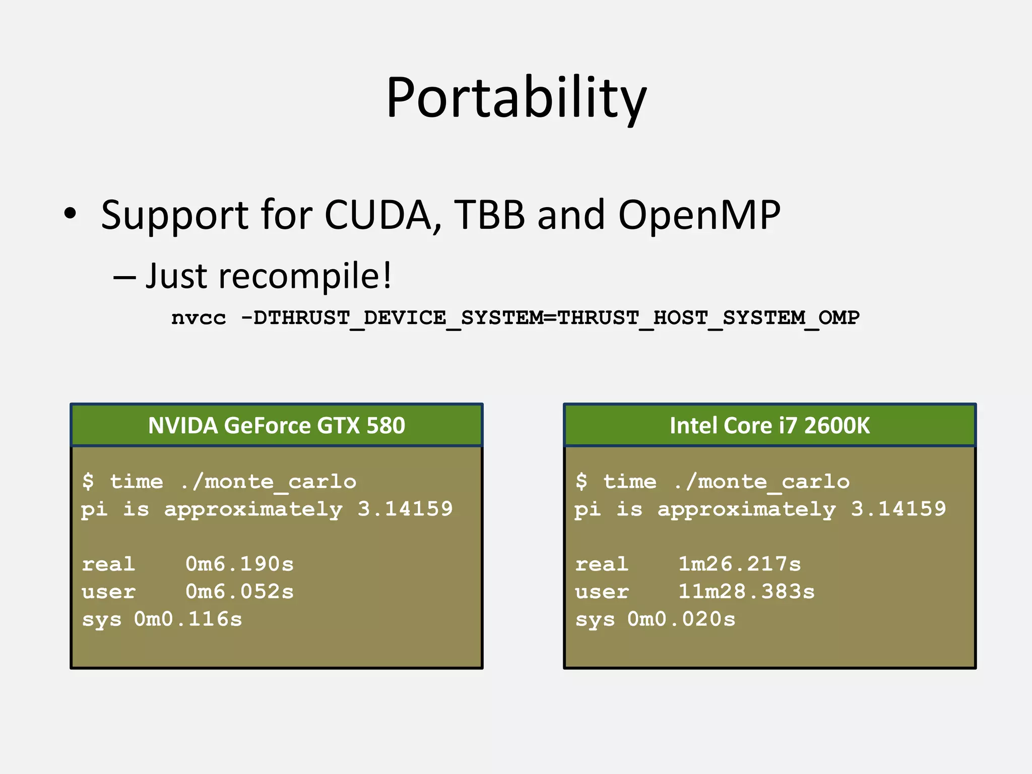 Portability
• Support for CUDA, TBB and OpenMP
– Just recompile!
GeForce GTX 280
$ time ./monte_carlo
pi is approximately 3.14159
real 0m6.190s
user 0m6.052s
sys 0m0.116s
NVIDA GeForce GTX 580 Core2 Quad Q6600
$ time ./monte_carlo
pi is approximately 3.14159
real 1m26.217s
user 11m28.383s
sys 0m0.020s
Intel Core i7 2600K
nvcc -DTHRUST_DEVICE_SYSTEM=THRUST_HOST_SYSTEM_OMP
 