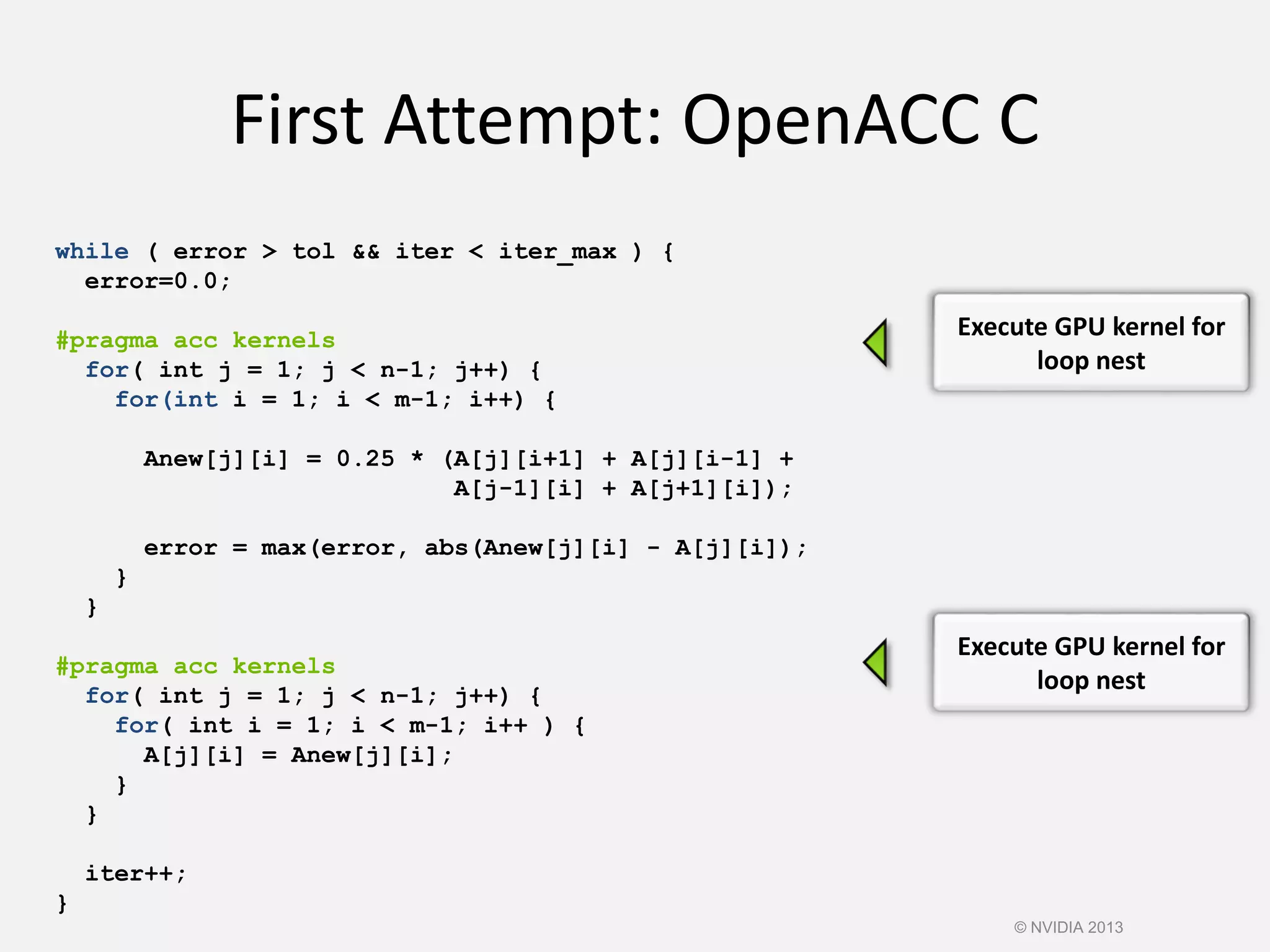 First Attempt: OpenACC C
while ( error > tol && iter < iter_max ) {
error=0.0;
#pragma acc kernels
for( int j = 1; j < n-1; j++) {
for(int i = 1; i < m-1; i++) {
Anew[j][i] = 0.25 * (A[j][i+1] + A[j][i-1] +
A[j-1][i] + A[j+1][i]);
error = max(error, abs(Anew[j][i] - A[j][i]);
}
}
#pragma acc kernels
for( int j = 1; j < n-1; j++) {
for( int i = 1; i < m-1; i++ ) {
A[j][i] = Anew[j][i];
}
}
iter++;
}
Execute GPU kernel for
loop nest
Execute GPU kernel for
loop nest
© NVIDIA 2013
 