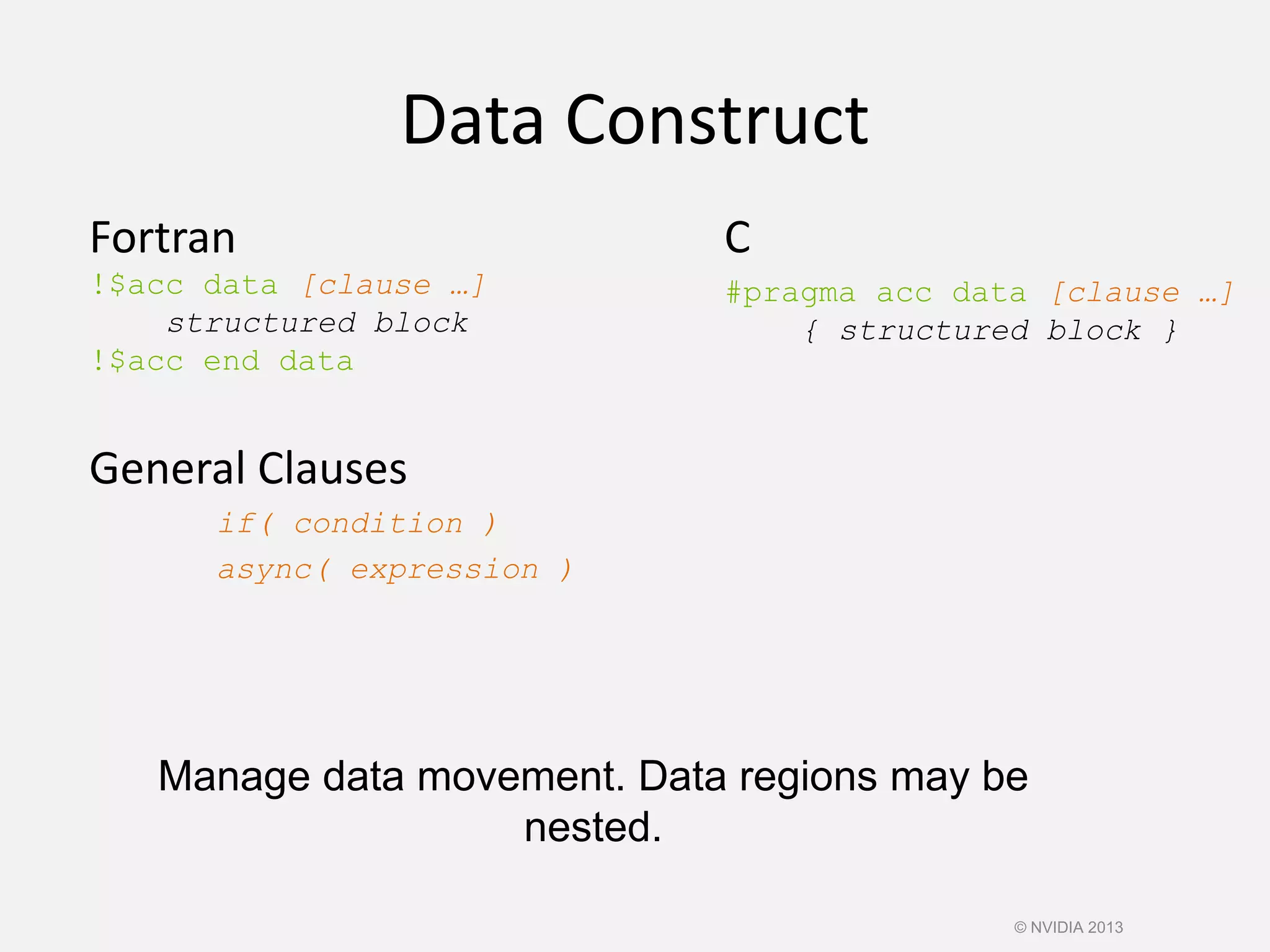 Data Construct
Fortran
!$acc data [clause …]
structured block
!$acc end data
General Clauses
if( condition )
async( expression )
C
#pragma acc data [clause …]
{ structured block }
Manage data movement. Data regions may be
nested.
© NVIDIA 2013
 