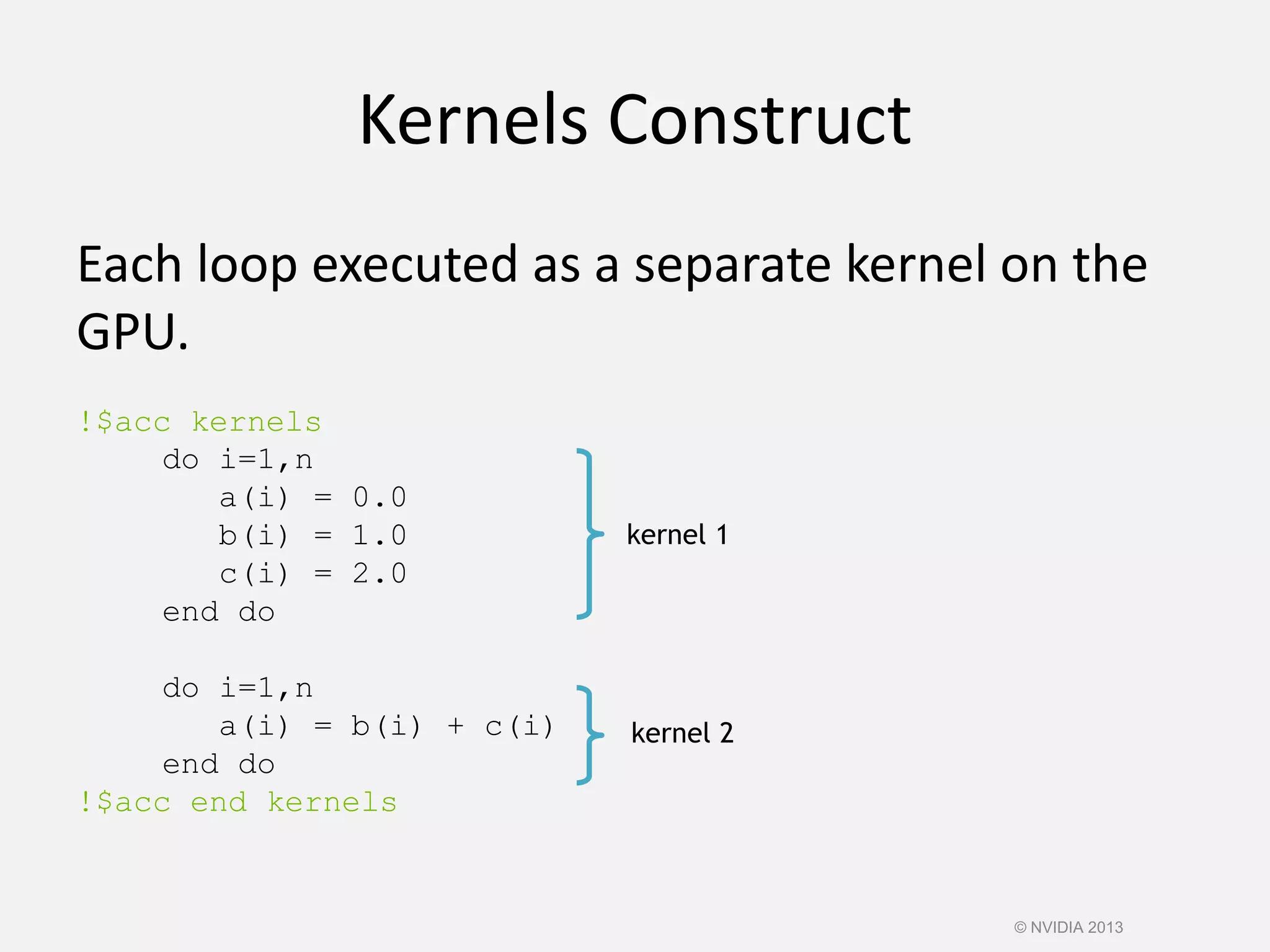 Kernels Construct
Each loop executed as a separate kernel on the
GPU.
!$acc kernels
do i=1,n
a(i) = 0.0
b(i) = 1.0
c(i) = 2.0
end do
do i=1,n
a(i) = b(i) + c(i)
end do
!$acc end kernels
kernel 1
kernel 2
© NVIDIA 2013
 