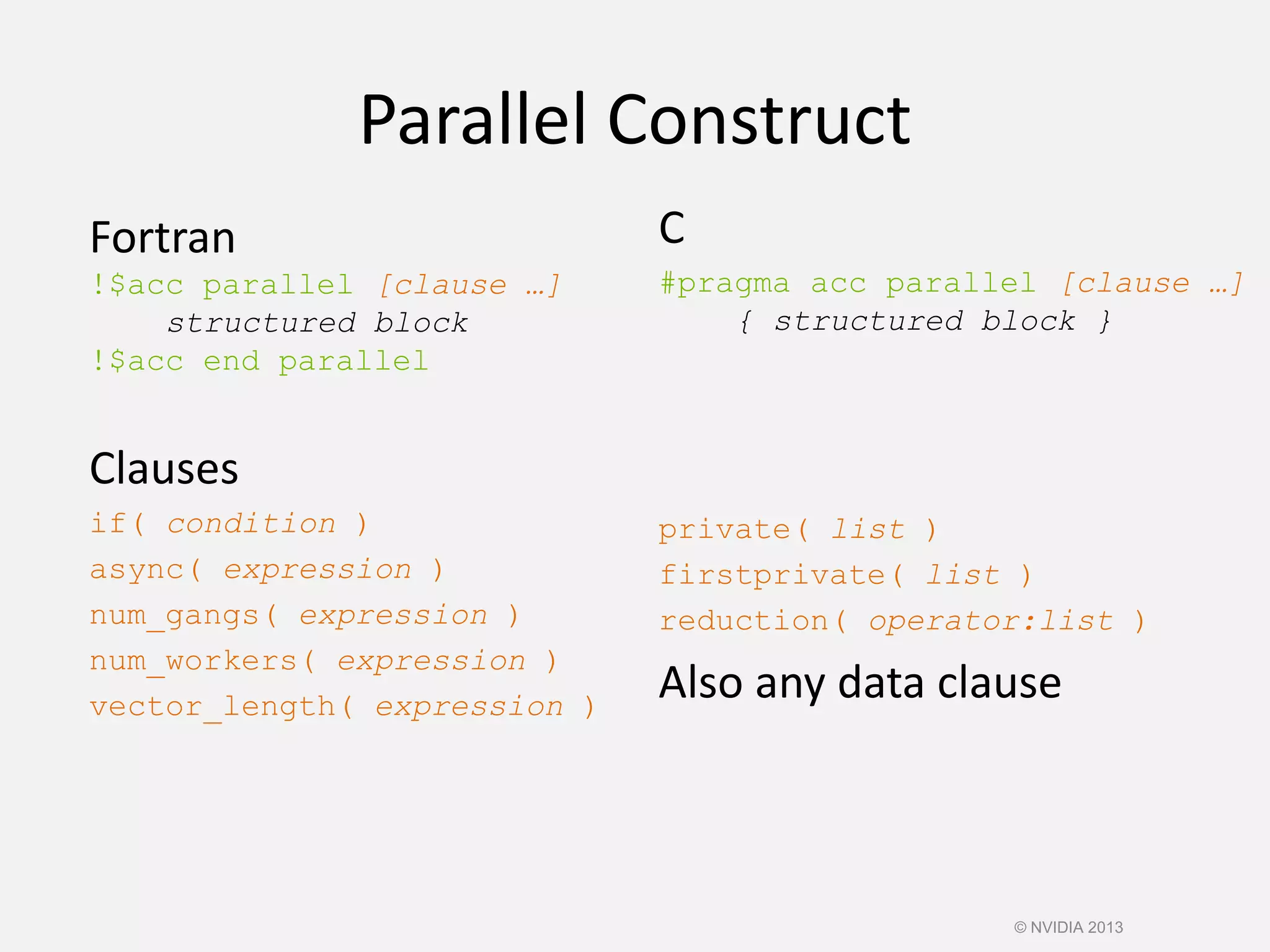 Parallel Construct
Fortran
!$acc parallel [clause …]
structured block
!$acc end parallel
Clauses
if( condition )
async( expression )
num_gangs( expression )
num_workers( expression )
vector_length( expression )
C
#pragma acc parallel [clause …]
{ structured block }
private( list )
firstprivate( list )
reduction( operator:list )
Also any data clause
© NVIDIA 2013
 