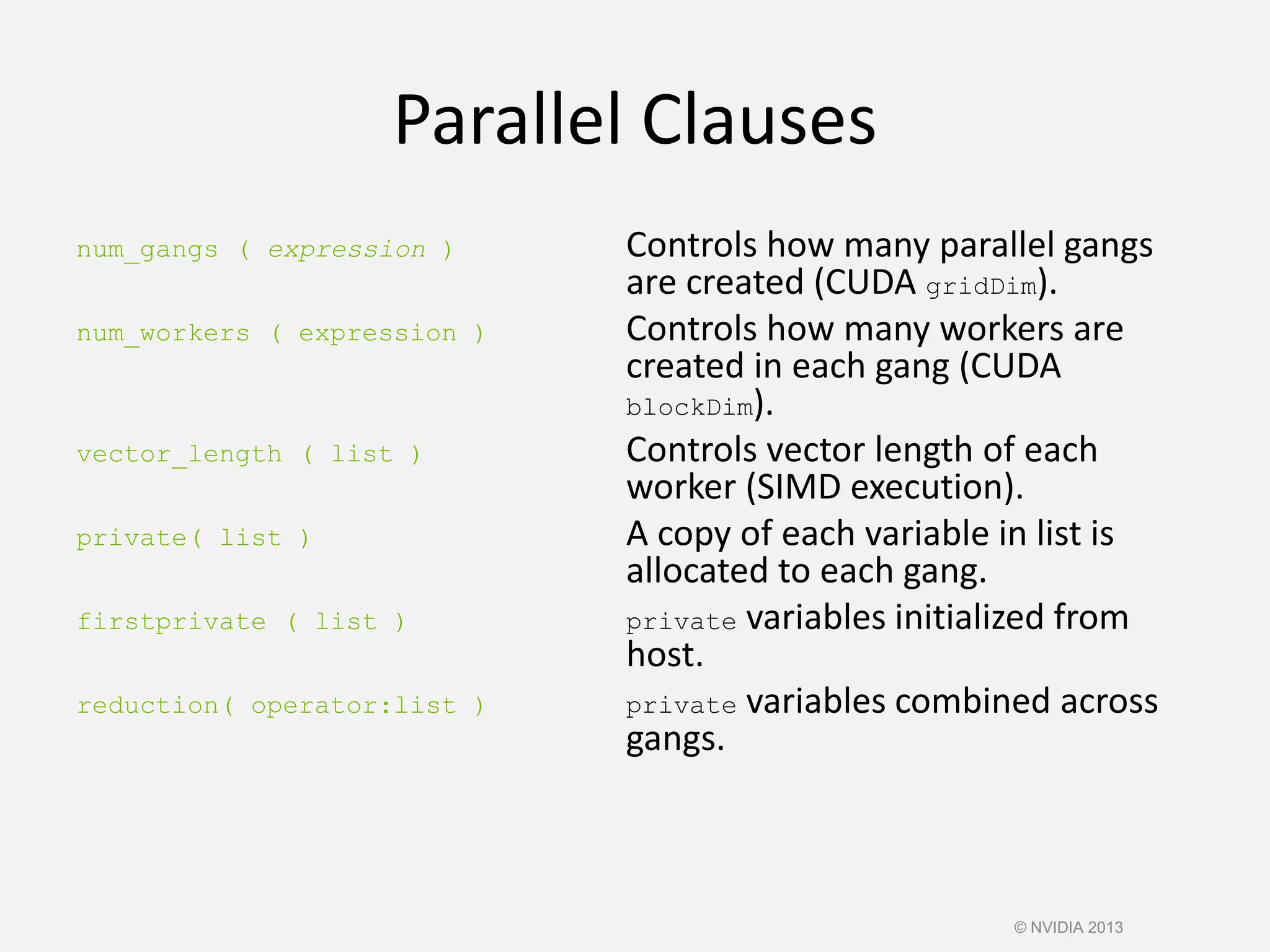 Parallel Clauses
num_gangs ( expression ) Controls how many parallel gangs
are created (CUDA gridDim).
num_workers ( expression ) Controls how many workers are
created in each gang (CUDA
blockDim).
vector_length ( list ) Controls vector length of each
worker (SIMD execution).
private( list ) A copy of each variable in list is
allocated to each gang.
firstprivate ( list ) private variables initialized from
host.
reduction( operator:list ) private variables combined across
gangs.
© NVIDIA 2013
 