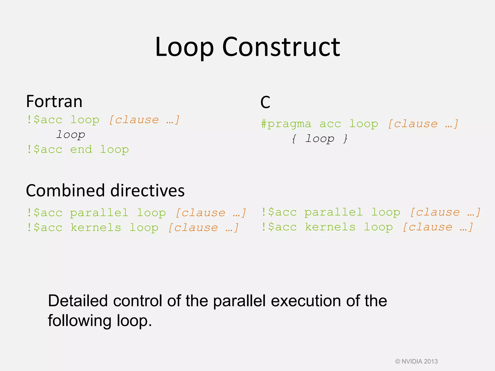 Loop Construct
Fortran
!$acc loop [clause …]
loop
!$acc end loop
Combined directives
!$acc parallel loop [clause …]
!$acc kernels loop [clause …]
C
#pragma acc loop [clause …]
{ loop }
!$acc parallel loop [clause …]
!$acc kernels loop [clause …]
Detailed control of the parallel execution of the
following loop.
© NVIDIA 2013
 