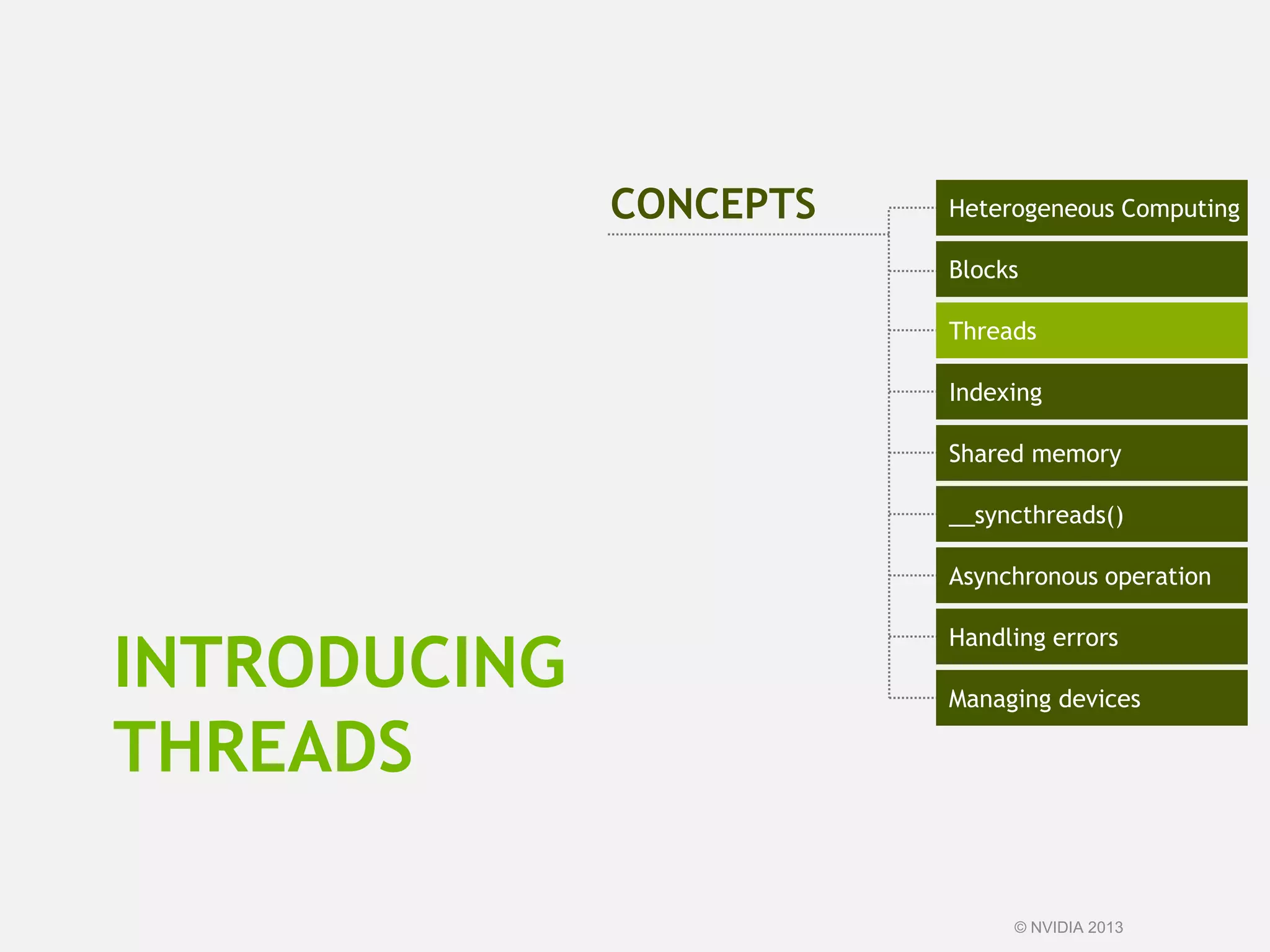 INTRODUCING
THREADS
Heterogeneous Computing
Blocks
Threads
Indexing
Shared memory
__syncthreads()
Asynchronous operation
Handling errors
Managing devices
CONCEPTS
© NVIDIA 2013
 