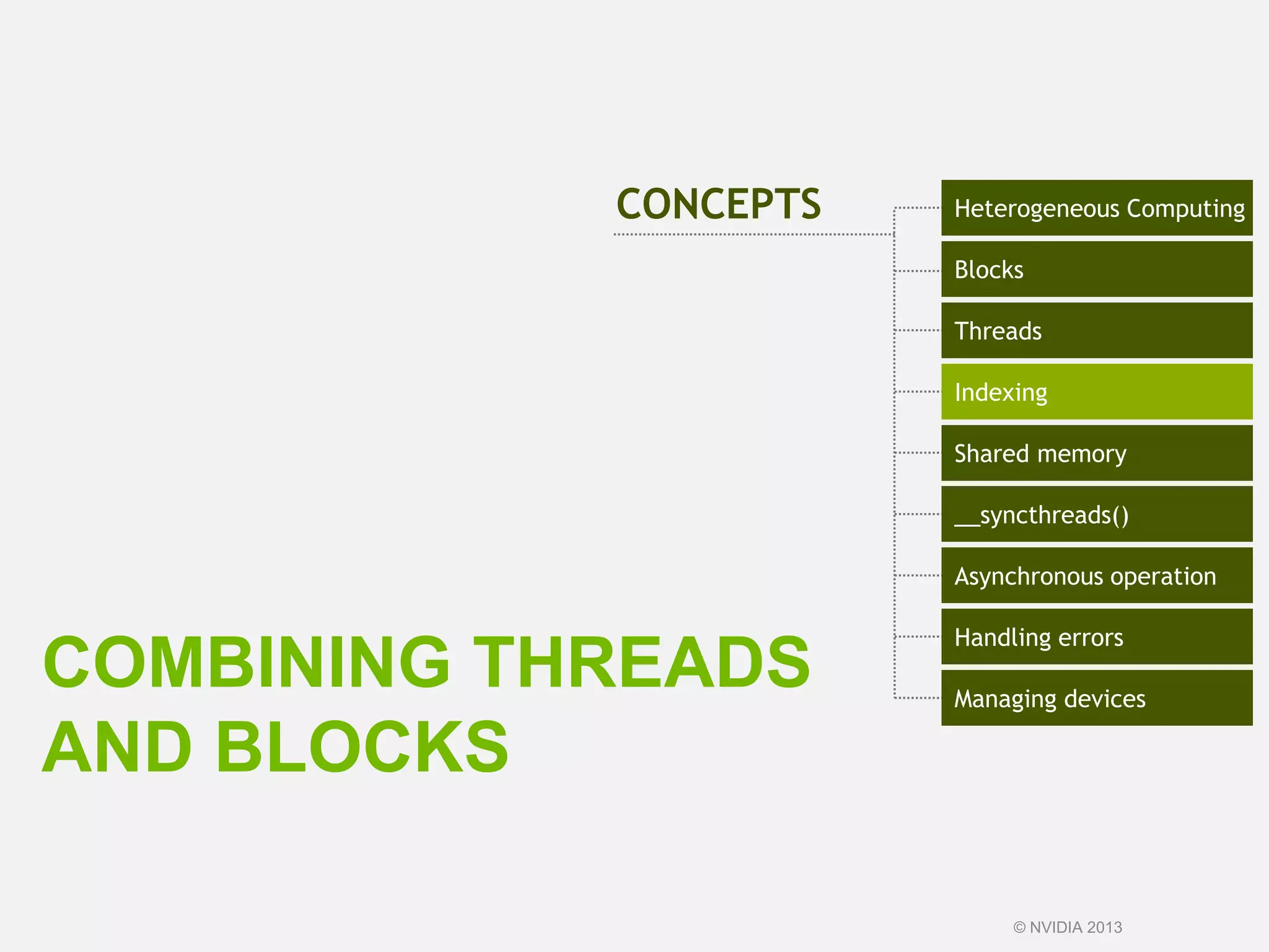 COMBINING THREADS
AND BLOCKS
Heterogeneous Computing
Blocks
Threads
Indexing
Shared memory
__syncthreads()
Asynchronous operation
Handling errors
Managing devices
CONCEPTS
© NVIDIA 2013
 