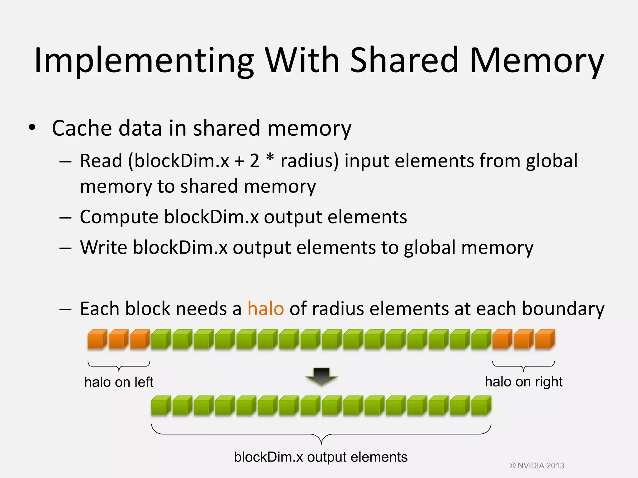 Implementing With Shared Memory
• Cache data in shared memory
– Read (blockDim.x + 2 * radius) input elements from global
memory to shared memory
– Compute blockDim.x output elements
– Write blockDim.x output elements to global memory
– Each block needs a halo of radius elements at each boundary
blockDim.x output elements
halo on left halo on right
© NVIDIA 2013
 