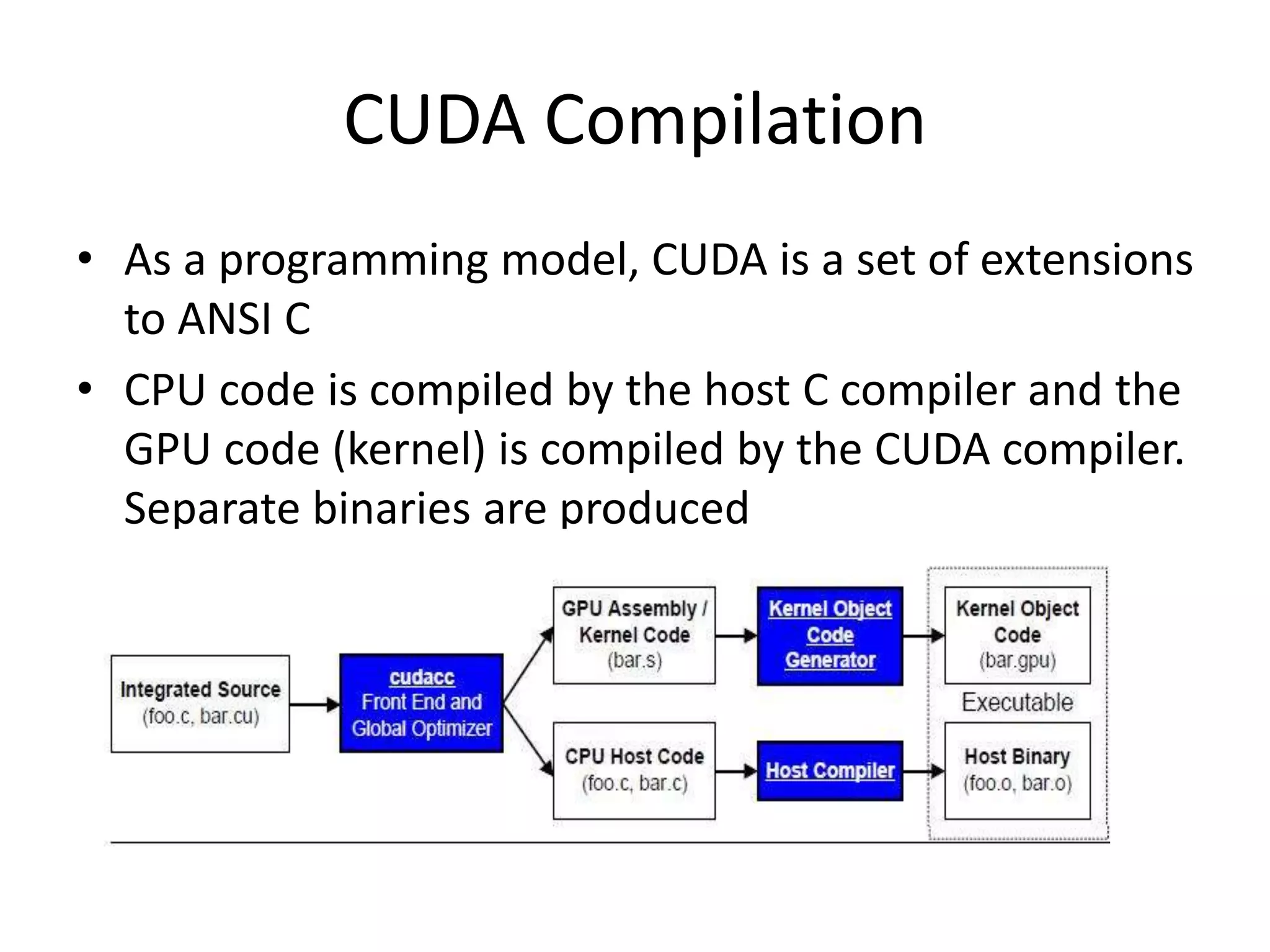 CUDA Compilation
• As a programming model, CUDA is a set of extensions
to ANSI C
• CPU code is compiled by the host C compiler and the
GPU code (kernel) is compiled by the CUDA compiler.
Separate binaries are produced
 