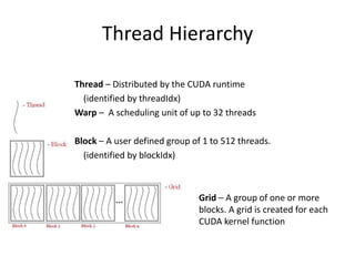 Thread Hierarchy
Thread – Distributed by the CUDA runtime
(identified by threadIdx)
Warp – A scheduling unit of up to 32 threads
Block – A user defined group of 1 to 512 threads.
(identified by blockIdx)
Grid – A group of one or more
blocks. A grid is created for each
CUDA kernel function
 
