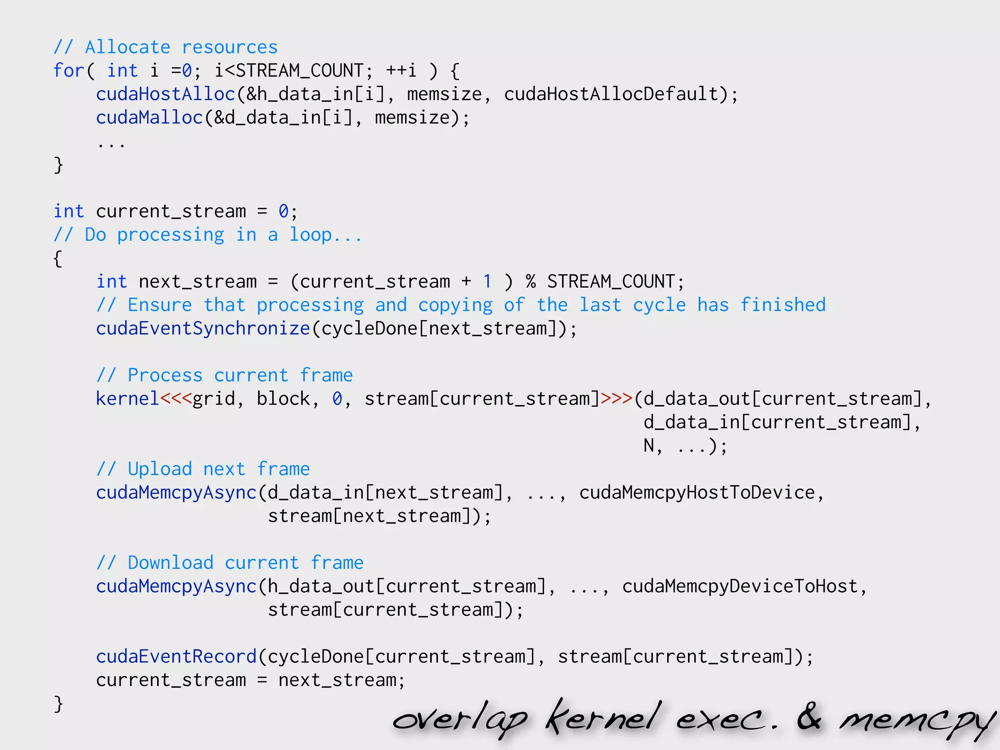 // Allocate resources
for( int i =0; i<STREAM_COUNT; ++i ) {
    cudaHostAlloc(&h_data_in[i], memsize, cudaHostAllocDefault);
    cudaMalloc(&d_data_in[i], memsize);
    ...
}

int current_stream = 0;
// Do processing in a loop...
{
    int next_stream = (current_stream + 1 ) % STREAM_COUNT;
    // Ensure that processing and copying of the last cycle has finished
    cudaEventSynchronize(cycleDone[next_stream]);

    // Process current frame
    kernel<<<grid, block, 0, stream[current_stream]>>>(d_data_out[current_stream],
                                                       d_data_in[current_stream],
                                                       N, ...);
    // Upload next frame
    cudaMemcpyAsync(d_data_in[next_stream], ..., cudaMemcpyHostToDevice,
                    stream[next_stream]);

    // Download current frame
    cudaMemcpyAsync(h_data_out[current_stream], ..., cudaMemcpyDeviceToHost,
                    stream[current_stream]);

    cudaEventRecord(cycleDone[current_stream], stream[current_stream]);
    current_stream = next_stream;
}
                               overlap kernel exec. & memcpy
 