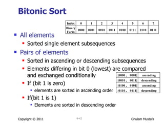 Bitonic Sort All elements  Sorted single element subsequences Pairs of elements  Sorted in ascending or descending subsequences Elements differing in bit 0 (lowest) are compared and exchanged conditionally  If (bit 1 is zero)  elements are sorted in ascending order If(bit 1 is 1)  Elements are sorted in descending order Copyright © 2011 4- Index 0 1 2 3 4 5 6 7 Binary Form 0000 0001 0010 0011 0100 0101 0110 0111 [0000 ,  0001] ascending [0010 ,  0011] descending [0100 ,  0101] ascending [0110 ,  0111] descending 