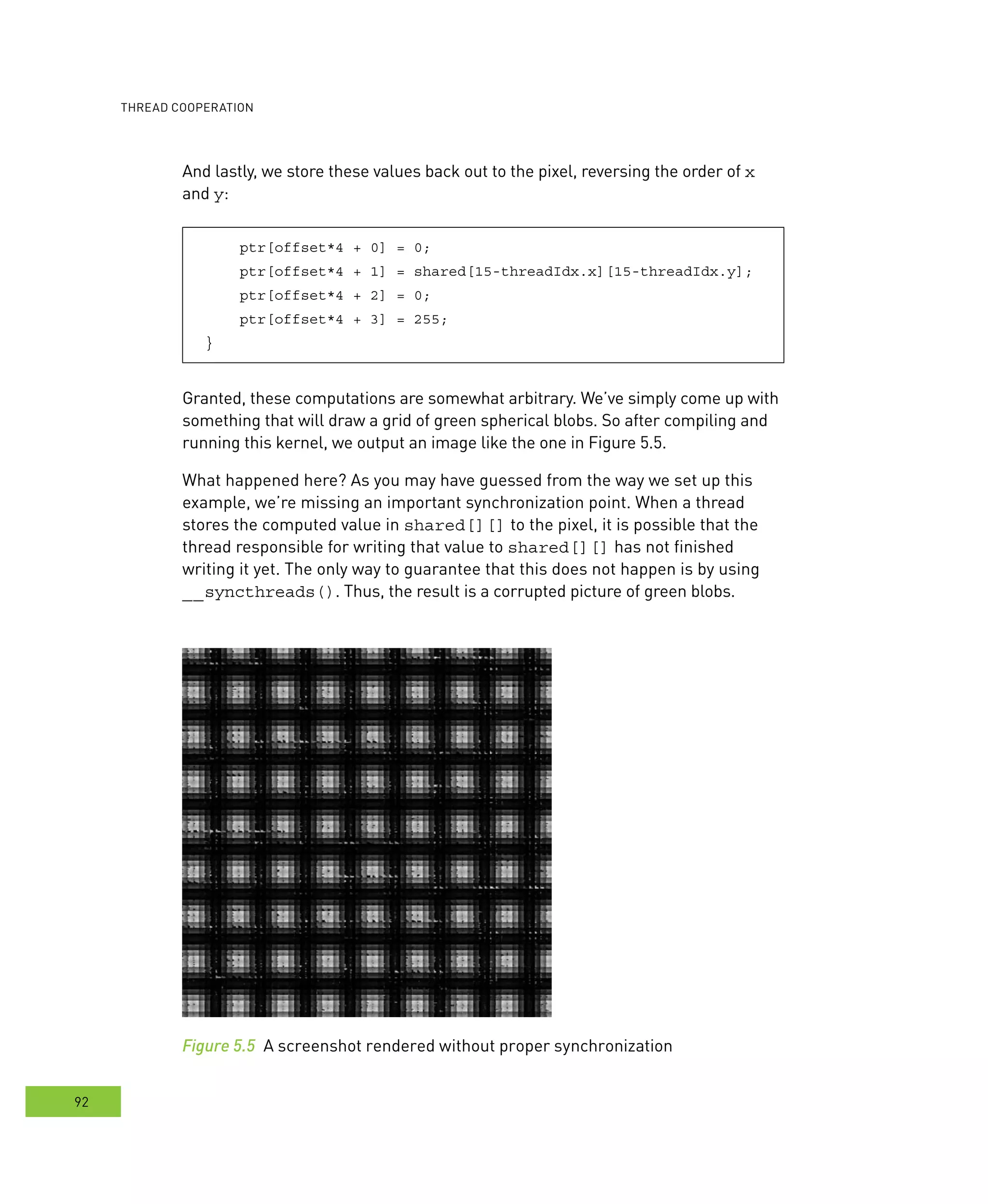 ooperation
92
And lastly, we store these values back out to the pixel, reversing the order of x
and y:
ptr[offset*4 + 0] = 0;
ptr[offset*4 + 1] = shared[15-threadIdx.x][15-threadIdx.y];
ptr[offset*4 + 2] = 0;
ptr[offset*4 + 3] = 255;
}
Granted, these computations are somewhat arbitrary. We’ve simply come up with
something that will draw a grid of green spherical blobs. So after compiling and
running this kernel, we output an image like the one in Figure 5.5.
What happened here? As you may have guessed from the way we set up this
example, we’re missing an important synchronization point. When a thread
stores the computed value in shared[][] to the pixel, it is possible that the
thread responsible for writing that value to shared[][] has not finished
writing it yet. The only way to guarantee that this does not happen is by using
__syncthreads(). Thus, the result is a corrupted picture of green blobs.
Figure 5.5 A screenshot rendered without proper synchronization
 