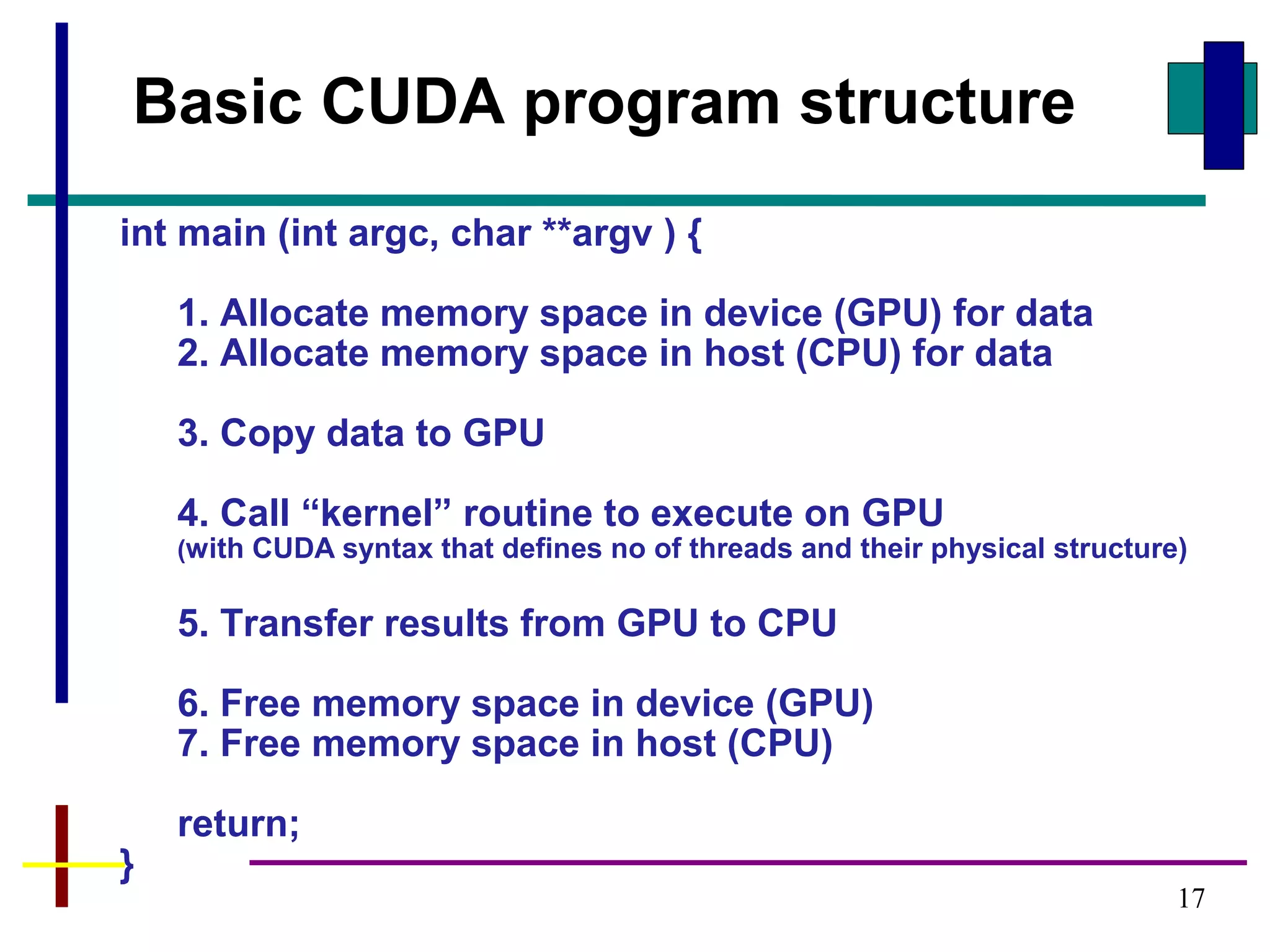 17
Basic CUDA program structure
int main (int argc, char **argv ) {
1. Allocate memory space in device (GPU) for data
2. Allocate memory space in host (CPU) for data
3. Copy data to GPU
4. Call “kernel” routine to execute on GPU
(with CUDA syntax that defines no of threads and their physical structure)
5. Transfer results from GPU to CPU
6. Free memory space in device (GPU)
7. Free memory space in host (CPU)
return;
}
 