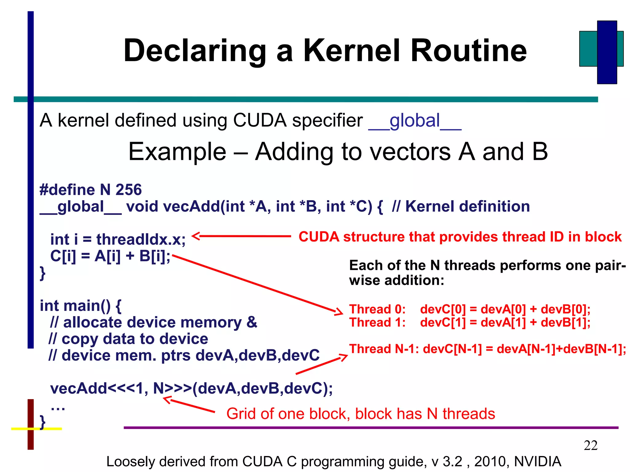 22
A kernel defined using CUDA specifier __global__
Example – Adding to vectors A and B
#define N 256
__global__ void vecAdd(int *A, int *B, int *C) { // Kernel definition
int i = threadIdx.x;
C[i] = A[i] + B[i];
}
int main() {
// allocate device memory &
// copy data to device
// device mem. ptrs devA,devB,devC
vecAdd<<<1, N>>>(devA,devB,devC);
…
}
Loosely derived from CUDA C programming guide, v 3.2 , 2010, NVIDIA
Declaring a Kernel Routine
Each of the N threads performs one pair-
wise addition:
Thread 0: devC[0] = devA[0] + devB[0];
Thread 1: devC[1] = devA[1] + devB[1];
Thread N-1: devC[N-1] = devA[N-1]+devB[N-1];
Grid of one block, block has N threads
CUDA structure that provides thread ID in block
 