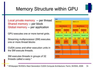 36
Memory Structure within GPU
Local private memory -- per thread
Shared memory -- per block
Global memory -- per application
GPU executes one or more kernel grids.
Streaming multiprocessor (SM) executes
one or more thread blocks
CUDA cores and other execution units in
the SM execute threads.
SM executes threads in groups of 32
threads called a warp.*
* Whitepaper NVIDIA’s Next Generation CUDA Compute Architecture: Fermi, NVIDIA, 2008
 