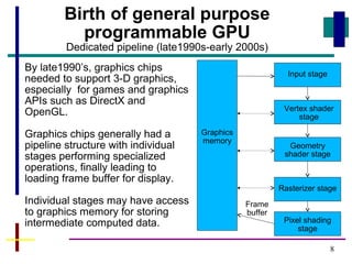 8
Birth of general purpose
programmable GPU
Dedicated pipeline (late1990s-early 2000s)
By late1990’s, graphics chips
needed to support 3-D graphics,
especially for games and graphics
APIs such as DirectX and
OpenGL.
Graphics chips generally had a
pipeline structure with individual
stages performing specialized
operations, finally leading to
loading frame buffer for display.
Individual stages may have access
to graphics memory for storing
intermediate computed data.
Input stage
Vertex shader
stage
Geometry
shader stage
Rasterizer stage
Frame
buffer
Pixel shading
stage
Graphics
memory
 
