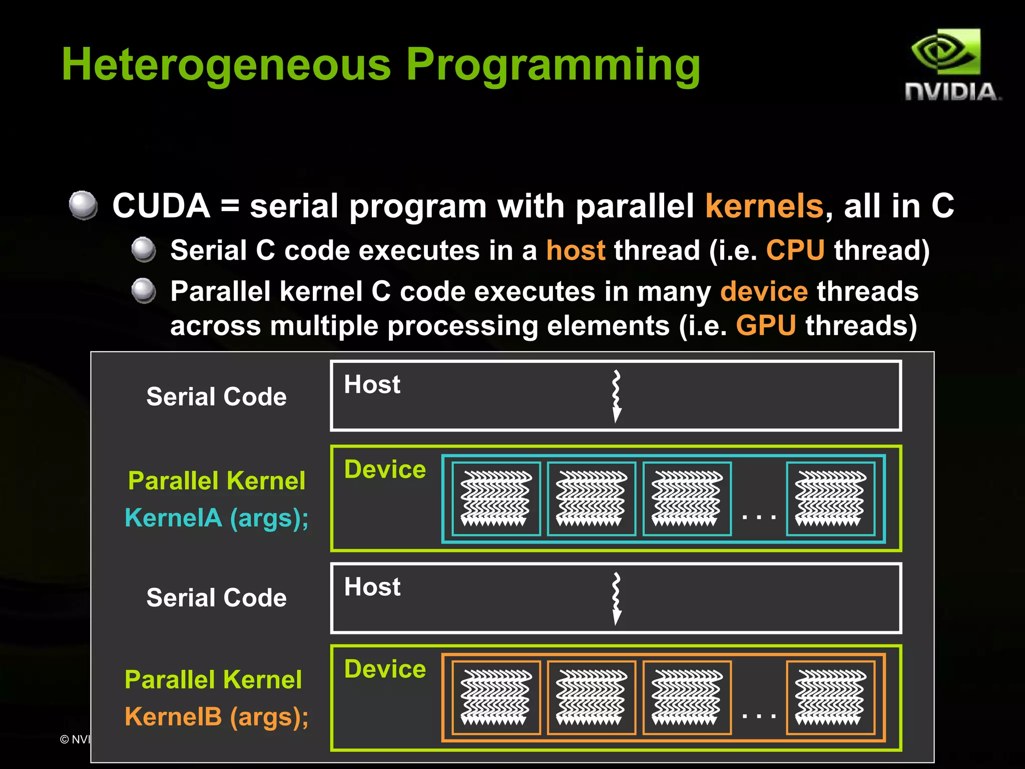 © NVIDIA Corporation 2008
Parallel Kernel
KernelA (args);
Parallel Kernel
KernelB (args);
Serial Code
. . .
. . .
Serial Code
Device
Device
Host
Host
Heterogeneous Programming
CUDA = serial program with parallel kernels, all in C
Serial C code executes in a host thread (i.e. CPU thread)
Parallel kernel C code executes in many device threads
across multiple processing elements (i.e. GPU threads)
 