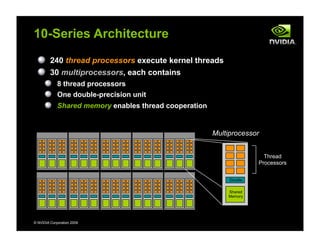 © NVIDIA Corporation 2009
10-Series Architecture
240 thread processors execute kernel threads
30 multiprocessors, each contains
8 thread processors
One double-precision unit
Shared memory enables thread cooperation
Thread
Processors
Multiprocessor
Shared
Memory
Double
 