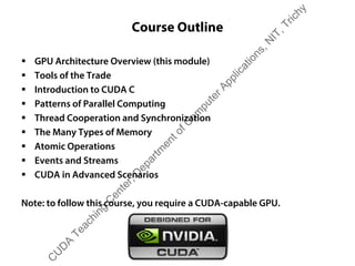 Course Outline
ƒ GPU Architecture Overview (this module)
ƒ Tools of the Trade
ƒ Introduction to CUDA C
ƒ Patterns of Parallel Computing
ƒ Thread Cooperation and Synchronization
ƒ The Many Types of Memory
ƒ Atomic Operations
ƒ Events and Streams
ƒ CUDA in Advanced Scenarios
Note: to follow this course, you require a CUDA-capable GPU.urse, you require a CUDA cap
C
U
D
A
Teaching
C
enter,D
epartm
entofC
om
puterApplications,N
IT,Trichy
 