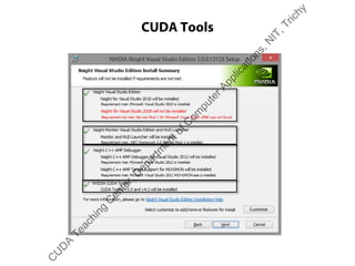CUDA Tools
C
U
D
A
Teaching
C
enter,D
epartm
entofC
om
puterApplications,N
IT,Trichy
 