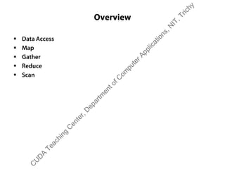 Overview
ƒ Data Access
ƒ Map
ƒ Gather
ƒ Reduce
ƒ Scan
C
U
D
A
Teaching
C
enter,D
epartm
entofC
om
puterApplications,N
IT,Trichy
 