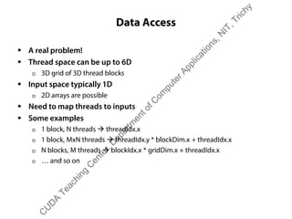 Data Access
ƒ A real problem!
ƒ Thread space can be up to 6D
† 3D grid of 3D thread blocks
ƒ Input space typically 1D
† 2D arrays are possible
ƒ Need to map threads to inputs
ƒ Some examples
† 1 block, N threads Æ threadIdx.x
† 1 block, MxN threads Æ threadIdx.y * blockDim.x + threadIdx.x
† N blocks, M threads Æ blockIdx.x * gridDim.x + threadIdx.x
† … and so on
C
U
D
A
Teaching
C
enter,D
epartm
entofC
om
puterApplications,N
IT,Trichy
 