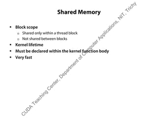 Shared Memory
ƒ Block scope
† Shared only within a thread block
† Not shared between blocks
ƒ Kernel lifetime
ƒ Must be declared within the kernel function body
ƒ Very fast
C
U
D
A
Teaching
C
enter,D
epartm
entofC
om
puterApplications,N
IT,Trichy
 