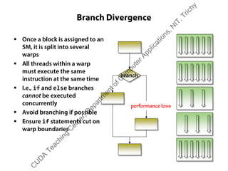 Branch Divergence
ƒ Once a block is assigned to an
SM, it is split into several
warps
ƒ All threads within a warp
must execute the same
instruction at the same time
ƒ I.e., if and else branches
cannot be executed
concurrently
ƒ Avoid branching if possible
ƒ Ensure if statements cut on
warp boundaries
branch
performance loss
C
U
D
A
Teaching
C
enter,D
epartm
entofC
om
puterApplications,N
IT,Trichy
 