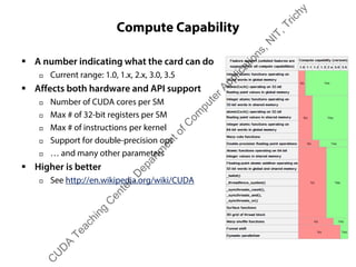 Compute Capability
ƒ A number indicating what the card can do
† Current range: 1.0, 1.x, 2.x, 3.0, 3.5
ƒ Affects both hardware and API support
† Number of CUDA cores per SM
† Max # of 32-bit registers per SM
† Max # of instructions per kernel
† Support for double-precision ops
† … and many other parameters
ƒ Higher is better
† See http://en.wikipedia.org/wiki/CUDA
C
U
D
A
Teaching
C
enter,D
epartm
entofC
om
puterApplications,N
IT,Trichy
 