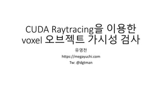 CUDA Raytracing을 이용한
voxel 오브젝트 가시성 검사
유영천
https://megayuchi.com
Tw: @dgtman
 