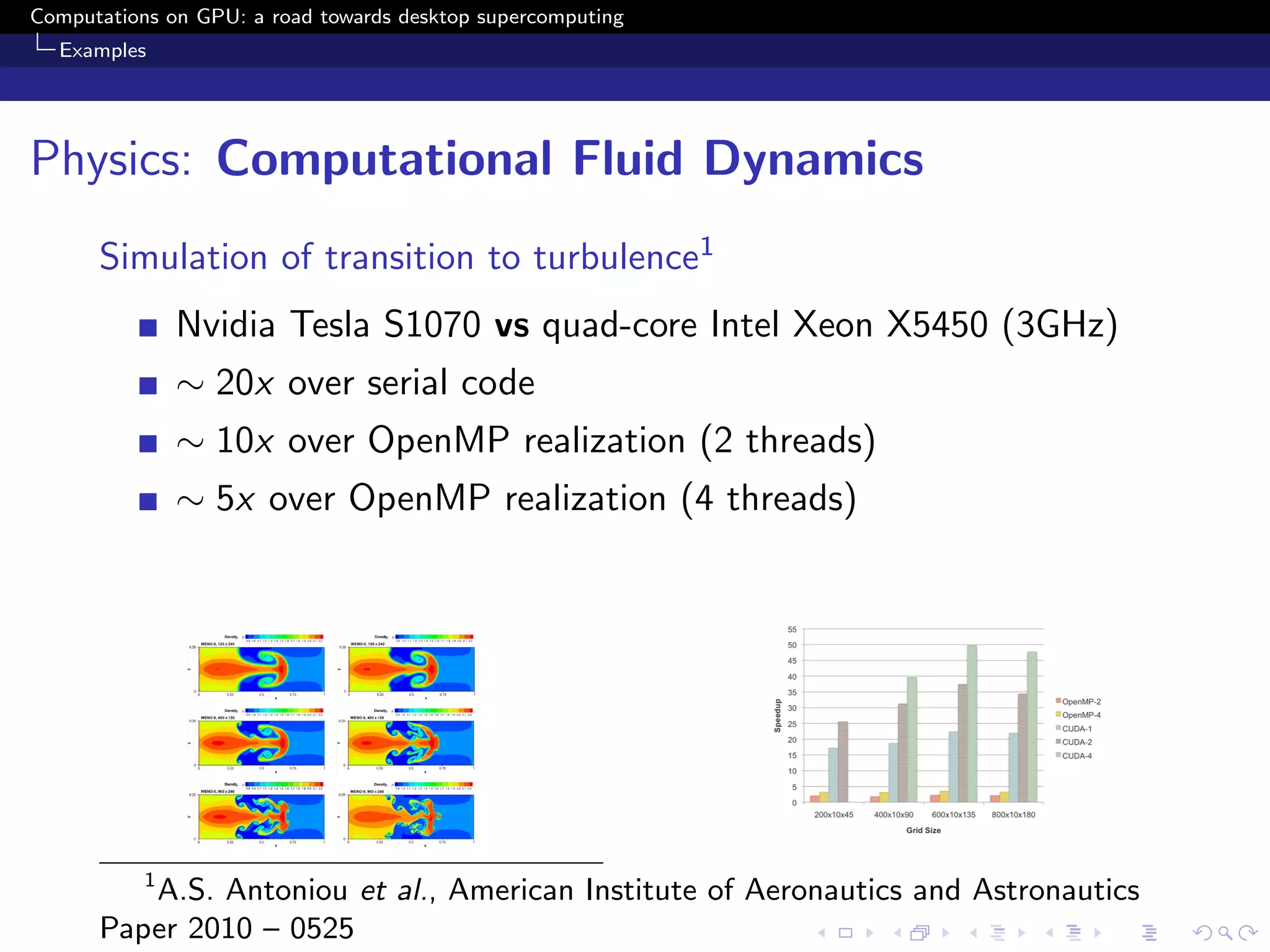 Computations on GPU: a road towards desktop supercomputing
  Examples




Physics: Computational Fluid Dynamics
      Simulation of transition to turbulence1
               Nvidia Tesla S1070 vs quad-core Intel Xeon X5450 (3GHz)
               ∼ 20x over serial code
               ∼ 10x over OpenMP realization (2 threads)
               ∼ 5x over OpenMP realization (4 threads)




           1
         A.S. Antoniou et al., American Institute of Aeronautics and Astronautics
      Paper 2010 – 0525
 