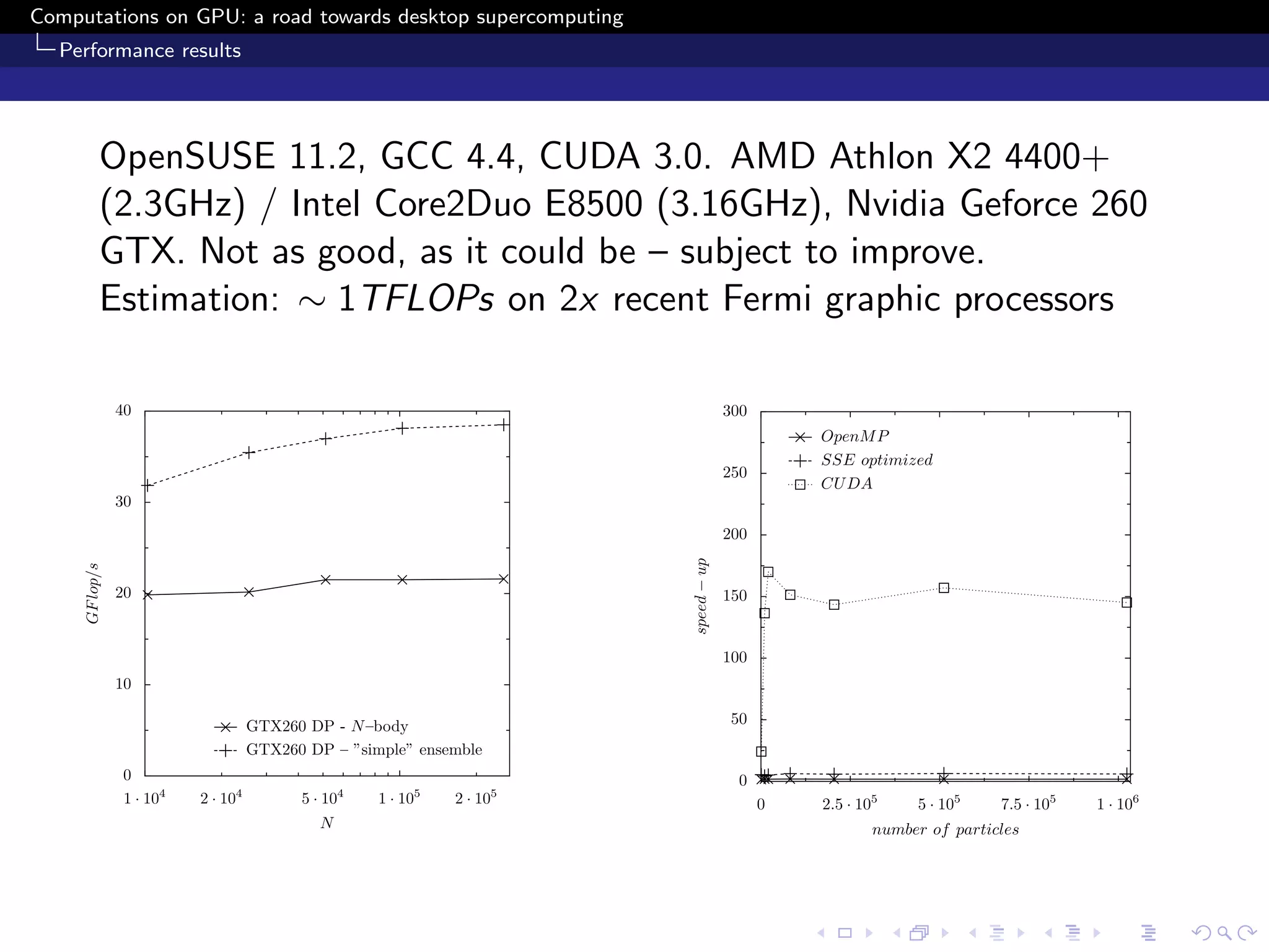 Computations on GPU: a road towards desktop supercomputing
  Performance results




           OpenSUSE 11.2, GCC 4.4, CUDA 3.0. AMD Athlon X2 4400+
           (2.3GHz) / Intel Core2Duo E8500 (3.16GHz), Nvidia Geforce 260
           GTX. Not as good, as it could be – subject to improve.
           Estimation: ∼ 1TFLOPs on 2x recent Fermi graphic processors

                40                                                                   300
                                                                                               OpenM P
                                                                                               SSE optimized
                                                                                     250
                                                                                               CU DA
                30

                                                                                     200




                                                                        speed − up
     GF lop/s




                20                                                                   150


                                                                                     100
                10

                                    GTX260 DP - N –body                              50
                                    GTX260 DP – ”simple” ensemble
                0                                                                      0
                1 · 104   2 · 104         5 · 104   1 · 105   2 · 105                      0   2.5 · 105    5 · 105    7.5 · 105   1 · 106
                                             N                                                         number of particles
 