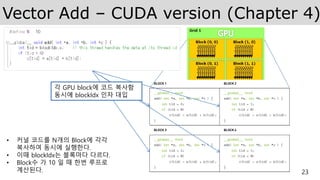 Vector Add – CUDA version (Chapter 4)
23
• 커널 코드를 N개의 Block에 각각
복사하여 동시에 실행한다.
• 이때 blockIdx는 블록마다 다르다.
• Block수 가 10 일 때 한번 루프로
계산된다.
각 GPU block에 코드 복사함
동시에 blockIdx 인자 대입
 