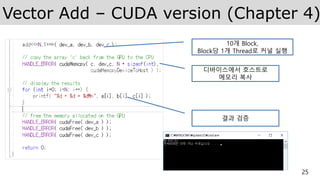 Vector Add – CUDA version (Chapter 4)
25
10개 Block,
Block당 1개 Thread로 커널 실행
디바이스에서 호스트로
메모리 복사
결과 검증
 