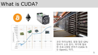 What is CUDA?
5
코인 마이닝에도 엄청 많은 GPU
장비가 소요 된다. 여기에 필요
한 프로그래밍 언어가 CUDA 또
는 OpenCL 이다.
 