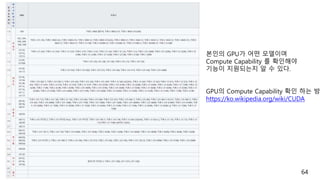 64
본인의 GPU가 어떤 모델이며
Compute Capability 를 확인해야
기능이 지원되는지 알 수 있다.
GPU의 Compute Capability 확인 하는 방
https://ko.wikipedia.org/wiki/CUDA
 