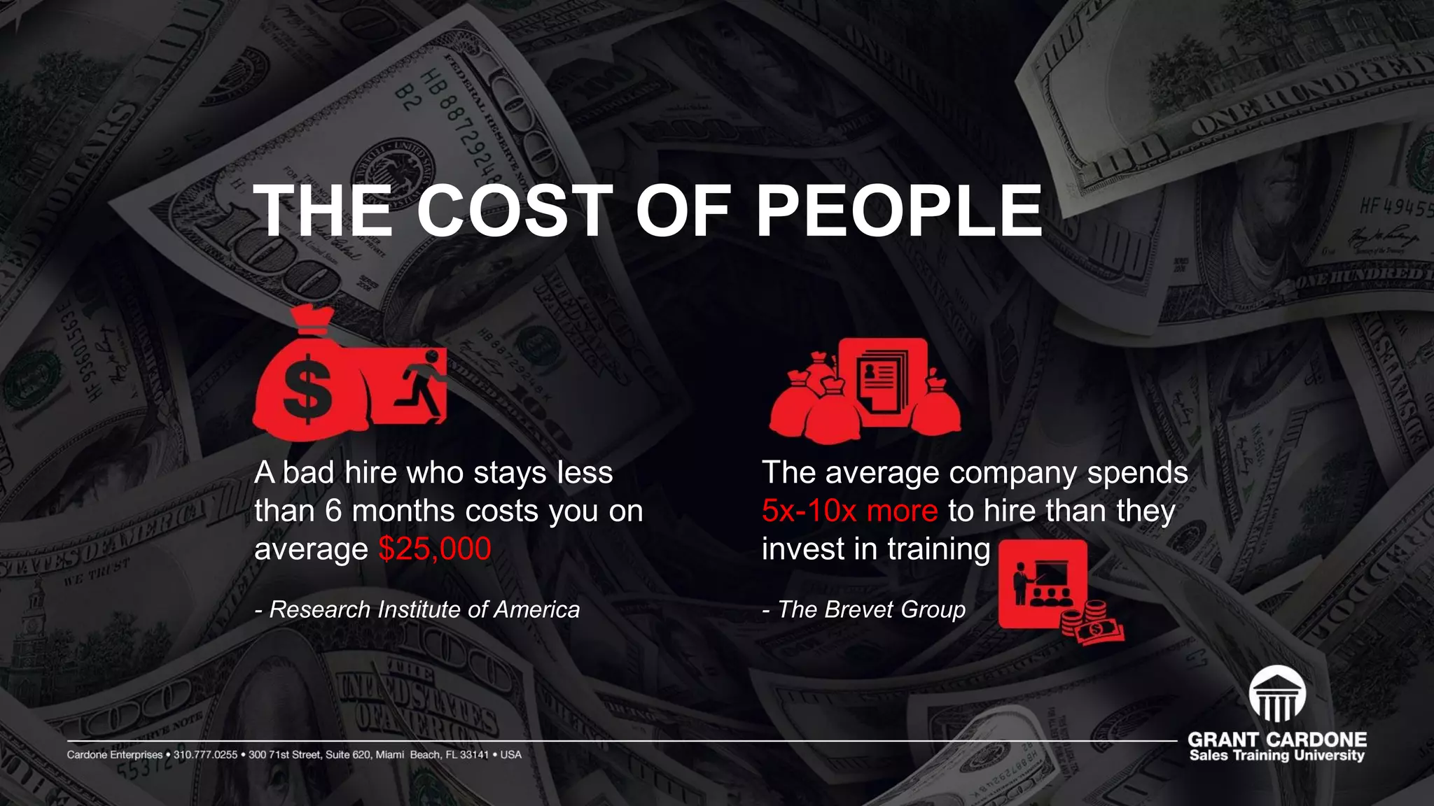 THE COST OF PEOPLE
A bad hire who stays less
than 6 months costs you on
average $25,000
- Research Institute of America
The average company spends
5x-10x more to hire than they
invest in training
- The Brevet Group
 