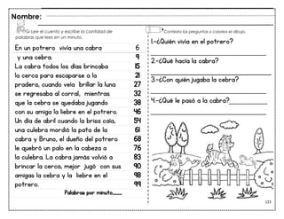 123
En un potrero vivía una cabra 6
y una cebra. 9
La cabra todos los días brincaba 15
la cerca para escaparse a la 21
pradera, cuando veía brillar la luna 27
se regresaba al corral, mientras 32
que la cebra se quedaba jugando 38
con su amiga la liebre en el potrero. 46
Un día de abril cuando la brisa caía, 54
una culebra mordió la pata de la 61
cabra y Bruno, el dueño del potrero 68
le quebró un palo en la cabeza a 76
la culebra. La cabra jamás volvió a 83
brincar la cerca, mejor jugó con sus 90
amigas la cebra y la liebre en el 98
potrero. 99
Palabras por minuto____
Nombre:
1.-¿Quién vivía en el potrero?
___________________________
2.-¿Qué hacía la cabra?
3.-¿Con quién jugaba la cebra?
___________________________
4.-¿Qué le pasó a la cabra?_________
___________________________
Lee el cuento y escribe la cantidad de
palabras que lees en un minuto.
Contesta las preguntas y colorea el dibujo.
 
