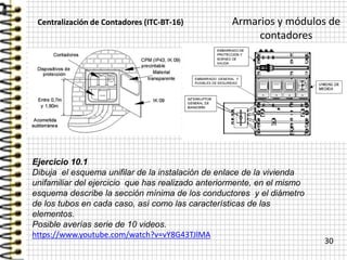 Armarios y módulos de
contadores
30
Centralización de Contadores (ITC-BT-16)
Ejercicio 10.1
Dibuja el esquema unifilar de la instalación de enlace de la vivienda
unifamiliar del ejercicio que has realizado anteriormente, en el mismo
esquema describe la sección mínima de los conductores y el diámetro
de los tubos en cada caso, así como las características de las
elementos.
Posible averías serie de 10 videos.
https://www.youtube.com/watch?v=vY8G43TJlMA
 
