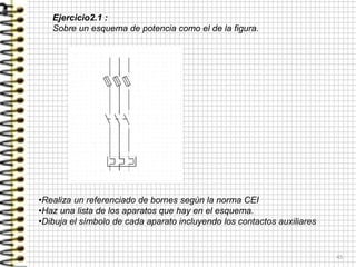 45
Ejercicio2.1 :
Sobre un esquema de potencia como el de la figura.
•Realiza un referenciado de bornes según la norma CEI
•Haz una lista de los aparatos que hay en el esquema.
•Dibuja el símbolo de cada aparato incluyendo los contactos auxiliares
 